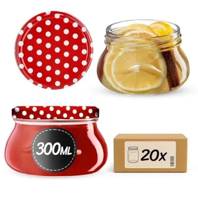 Image of KADAX Glass Jars 300 ml, Small Preserving with Metal Lids for Homemade Jam and Honey, Storing Spices Herbs (Red Peas, Set of 20)