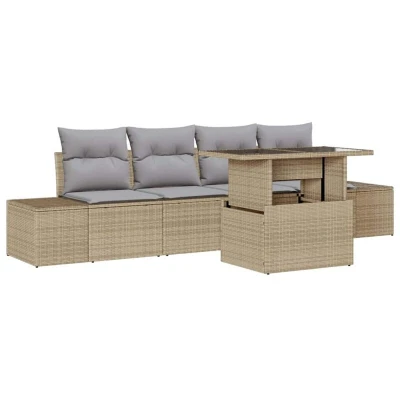 Image of vidaXL 5 Piece Garden Sofa Set with Cushions Beige Poly Rattan