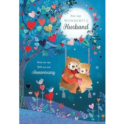 Image of Paper Rose Wonderful Husband Anniversary Card Bears on a Swing with Foil Details Eco Friendly and Recyclable