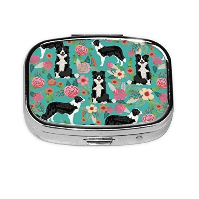 Image of Mini Square Pill Box, Medicine Organiser, Border Collie Florals Portable First Aid Travelling Box with 2 Compartments, Small for Pocket Or Purse