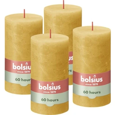 Image of Bolsius Rustic Pillar Candle Yellow Pack of 4 Long Burning Time 60 Hours Household Interior Decoration Unscented Includes Natural Vegan Wax No Palm Oil 130 x 70 mm