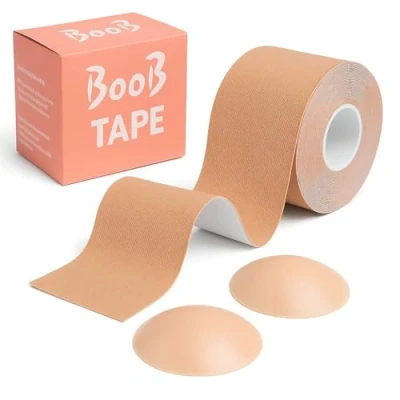 Image of VEAR Boob Tape, Bob Tape for Large Breasts, Self Adhesive Strapless Boobtapes with 2 Pcs Nipple Covers, 5M Stretchable Longer Than Regular Roll, Perfect to Stick on Bra (Skin)