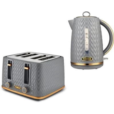 Image of TOWER Empire Grey 1.7L 3KW Jug Kettle and 4 Slice 1600W Toaster. Matching Art Deco Design &amp; Toaster Set in with Brass Accents
