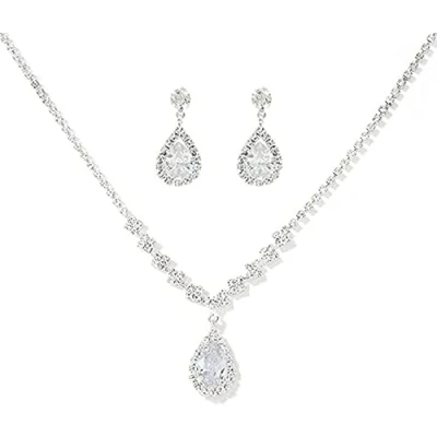 Image of BSLVWG Bridal Wedding Jewellery Set Silver Rhinestone Necklaces and Earrings Sparkly Crystal Dangle Drop Necklace for Women Girls