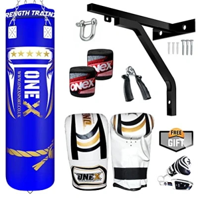 Image of ONEX Heavy Filled 11 Piece 5ft Boxing Punch Bag Set Gloves Bracket Chains MMA Pad Punching Kick (Blue, 5ft)