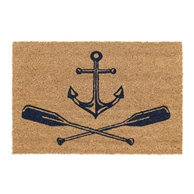 Image of Relaxdays Nautical Anchor and Oars Doormat Coir, 40x60 cm, Door Mat Inside &amp; Outside, Non Slip, Dark Blue/Natural Coir