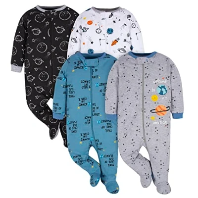 Image of Gerber Baby Boys 4 Pack &#039;N Play Footie And Toddler Sleepers, Space, 3 6 Months US