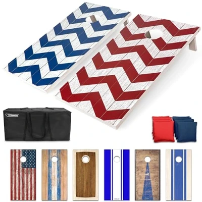 Image of GoSports Regulation Size Chevron Design Cornhole Game Set Includes 8 Bags, Carry Case &amp; Rules,Red and Blue; 4&#039;x2&#039;