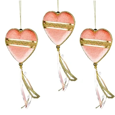 Image of 3Pcs Light Pink Heart Shape Decorations 11x26cm Christmas Tree Hanging Festive Decorative Ornaments Fairy Tale Themed Xmas Pendant