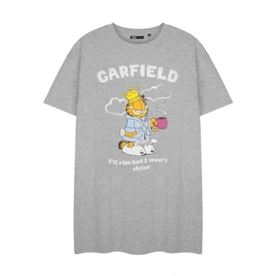 Image of Garfield Womens Nightwear Grey Short Sleeve Nightdress Rise But Won&#039;t Shine Graphic Nightshirt Comfy Cartoon Sleepwear Lounge in Style Pajama Set for Women