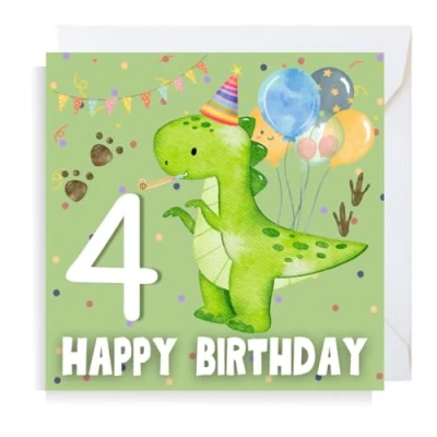 Image of Second Ave Dinosaur 4th Birthday Age 4 Square Children&#039;s Kids Greeting Card for Boy or Girl