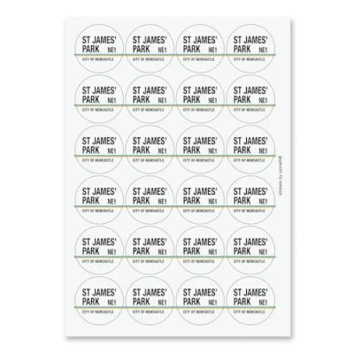 Image of St James Park NE1 Newcastle Road Sign Circular Matt Paper Stickers A4 Sheet of 24 (Each Sticker is 45mm Diameter)