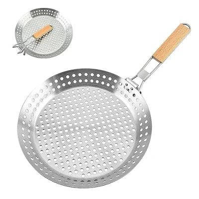 Image of Abcsea 1 Piece BBQ Frying Pan with Holes, Not Easy Stick Grill Pan, Stainless Steel Barbeque Woks