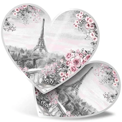 Image of 2 x 7.5cm Heart Stickers Eiffel Tower Paris Pink Roses Flowers Decals 14816