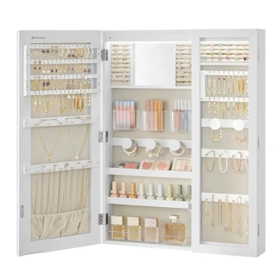 Image of SONGMICS LED Jewellery Armoire, Cabinet with Mirror, Glass Window, Wall/Door Mounted, 10 x 60 80 cm, Interior 3 in 1, Bedroom, Dressing Room, Gift, White and Greige JJC028W01