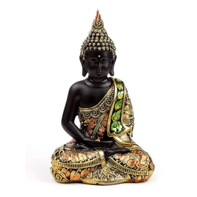 Image of Puckator Black &amp; Orange Gold Thai Buddha Contemplation Cute Room Decor Aesthetic Feng Shui Meditation Accessories Garden Ornaments Shelf Desk Decorations Mindfulness Home Gifts Statues