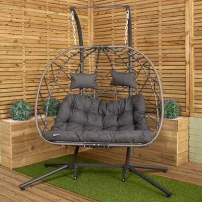 Image of Samuel ALEXANDER 2 Seater Hanging Garden Rattan Egg Chair with Steel Frame Outdoor Swing Folding Cocoon Furniture Conservatory and Waterproof Cover in Grey