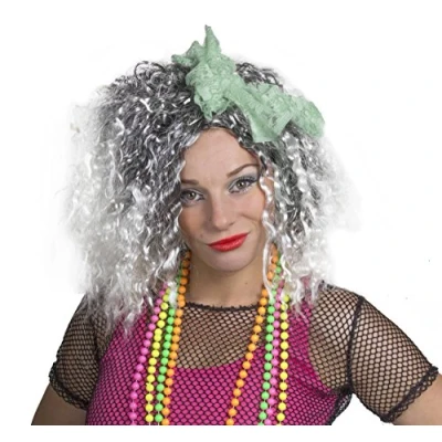 Image of 1980S FANCY DRESS POP STAR DIVA WIG LADIES 1980&#039;S ICON STYLE FRIZZY WITH WHITE/LIGHT TIPS AND COLOURED GREEN LACE