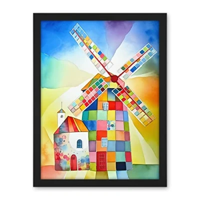 Image of Artery8 Abstract Patchwork Windmill Old Amsterdam Folk Art Artwork Framed Wall Print 18X24 Inch