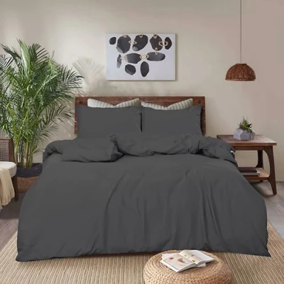 Image of REHAN &amp; CO Duvet Cover Sets Soft Brushed Microfiber Bedding Plain Quilt With Pillow Cases (Dark Grey Super King)