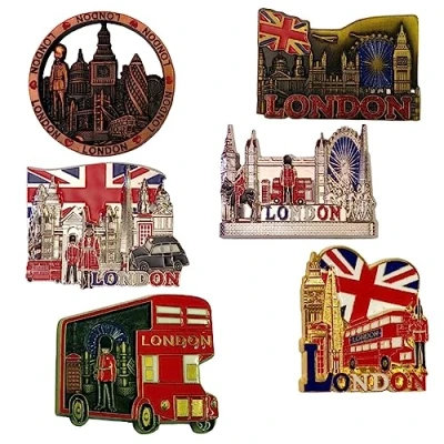 Image of 6 London metal magnets British souvenirs fridge magnet Union Jack England landmark Bus Tower Bridge Big Ben UJ Flag