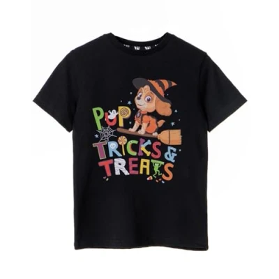 Image of Paw Patrol Girls T Shirt Trick Or Treats Black Graphic Tee for Children Witch Skye Fun Short Sleeve Top Cute &amp; Spooky Halloween Cartoon Gift