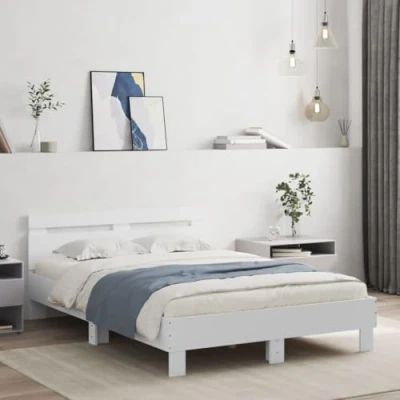 Image of vidaXL Small Double Bed Frame with Headboard Engineered Wood, White, 193x125x70 cm Plywood Slats, Modern Bedroom Furniture