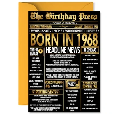 Image of Gold 57th Birthday Card for Men Women Black &amp; Golden Newspaper Born in 1968 Happy 57 Cards Brother Nan Colleague Grandma Auntie Daughter, A5 Bday Greeting