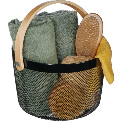 Image of Relaxdays Wire Storage Basket with Handle, Round, Metal &amp; Wood, for Utensils in Kitchen, Bathroom, Living Room, Black, Steel, 30 x 27.5 25.5 cm