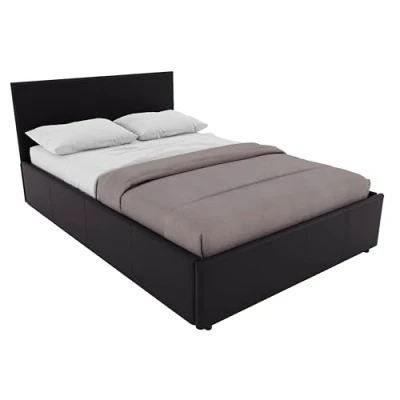 Image of Vida Designs Lisbon Small Double Bed, 4ft Ottoman Bed Frame Upholstered UKFR Faux Leather Headboard Low Foot End Bedroom Furniture, Black