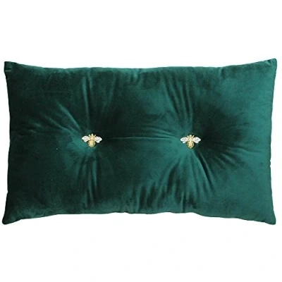 Image of Bumble Rectangular Bee Scatter Cushion Emerald Green Faux Velvet Look and Feel Jewelled Metal Buttons Polyfilled 100% Polyester 30 x 50cm (12&quot; 20&quot; inches) Made by Riva Paoletti