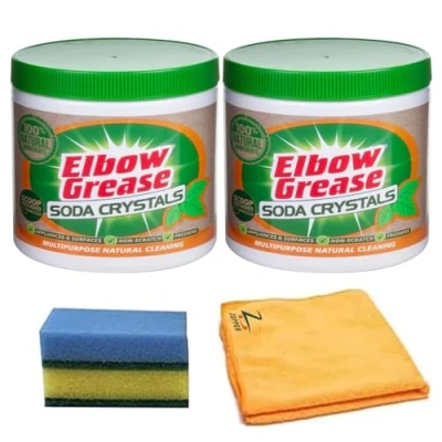 Image of Elbow Grease Crystals Soda Cleaning Kit 2 Pack 500g, Microfiber Cloth, and Sponge Non Scratch, Freshens, Multipurpose Natural Powder for Appliances &amp; Surfaces