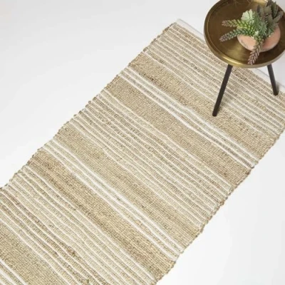 Image of HOMESCAPES Handwoven Natural &amp; Cream Striped Rug Carpet Runner for Hallway 66 x 200 cm Cotton Jute ‘Arlyn’ with Traditional Stripe Pattern
