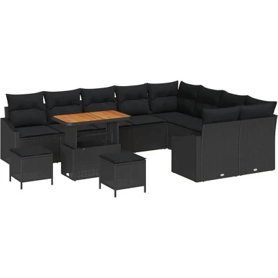 Image of vidaXL 12 Piece Garden Sofa Set with Cushions Black Poly Rattan Acacia