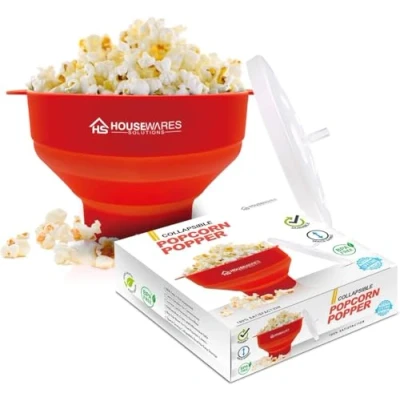 Image of Collapsible Silicone Microwave Hot Air Popcorn Popper Bowl With Lid and Handles (Red)