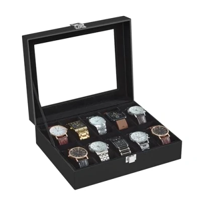 Image of SONGMICS Watch Box with 10 Slots, Case Glass Lid, Display Removable Pillows, Metal Clasp, Gift Idea, Black Synthetic Leather, Lining JWB010B02