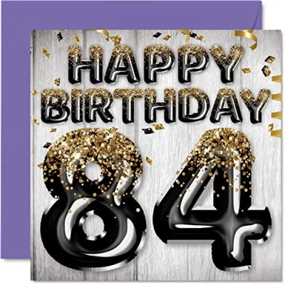 Image of 84th Birthday Card for Men Black &amp; Gold Glitter Balloons Happy Cards 84 Year Old Man Dad Great Grandad Grandpa Gran, 145mm x Eighty Four Fourth Greeting Gift