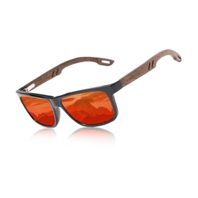 Image of KINGSEVEN Design Wood Polarized Rectangular Sunglasses for Men, Walnut Wooden Frame Mirrored Glasses Driving W5508 (W5508 Red)