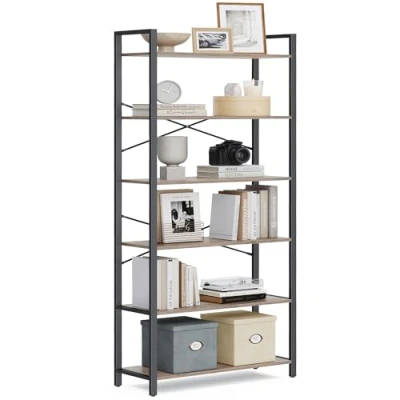 Image of VASAGLE 6 Tier Tall Bookshelf, Large Bookcase, Steel Frame, Freestanding Shelf Unit for Living Room, Bedroom, Home Office, Study, 30 x 80 186 cm, Industrial, Heather Greige and Ink Black LLS082B02