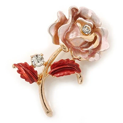 Image of Avalaya Romantic Pink/Coral Crystal Rose Flower Brooch in Gold Plating 52mm L