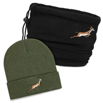 Image of TeddyT&#039;s Springbok Embroidered Luxury Soft Rib Khaki Beanie Hat and Black Snood Scarf