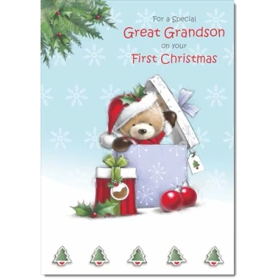 Image of doodlecards Great Grandsons 1st First Christmas Card Cute Bear Parcel Medium Size for with Plain Envelope