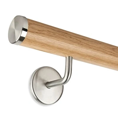 Image of Oak Handrail Set 45mm incl. Stainless Steel end caps and 2 Brackets (150 cm + Brackets)