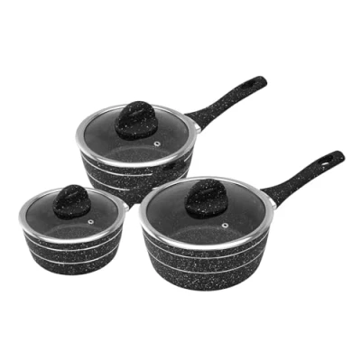 Image of Royalford Saucepan Set 3 PC, Induction Safe Cookware Non Stick Granite Coating, Forged Aluminium Multipurpose Sauce Pot with 5 Layer Construction &amp; Tempered Glass Lid 16 CM, 18 20 CM Black