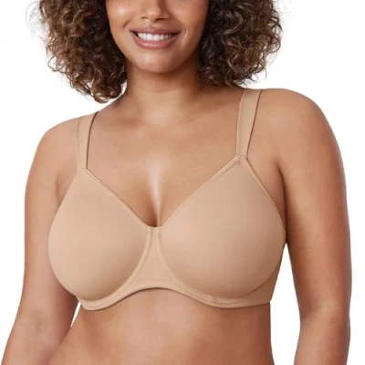 Image of DELIMIRA Women&#039;s Non Padded Minimiser Bras Full Coverage Seamless Underwire Plus Size Smooth T Shirt Bra Taupe Tan 42G