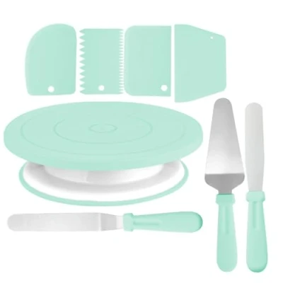 Image of 12 Inch Cake Turntable Decorating Kits Supplies Include 1 Turntable, Serve, 2 Icing Spatula, 4 Smoother Scraper