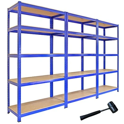 Image of T Rax Pack of 3 Garage Shelving Units 5 Tier Heavy Duty Rack for Storage Steel Utility Shelves Metal &amp; MDF Boltless Racking Assembly System 180cm x 90cm 45cm 4200KG Capacity 280KG Per Shelf Blue