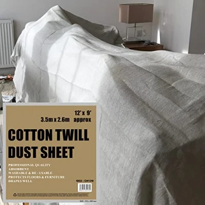 Image of Cotton Dust Sheets for Painting &amp; Decorating, Cheap, Fabric Cover Furniture (Recycled Twill, 12ft x 9ft 3.50m 2.60m) (1xCH129)