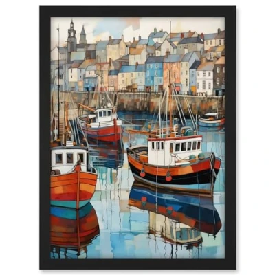 Image of Artery8 Newlyn Harbour Trawler Boats Promenade Watercolour Painting Cornwall Coastal Townscape Artwork Framed A3 Wall Art Print
