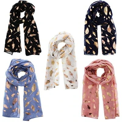 Image of Zac&#039;s Alter Ego Set of 5 Ladies Lightweight Assorted Colour Gold Foil Feathers Print Scarves